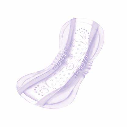 One Seni Lady Slim Extra incontinence pad by TZMO Deutschland GmbH, featuring a decorative pattern, rounded edges, and elastic sides for optimal comfort, shown individually from above on a white background. Package: 15 pieces.