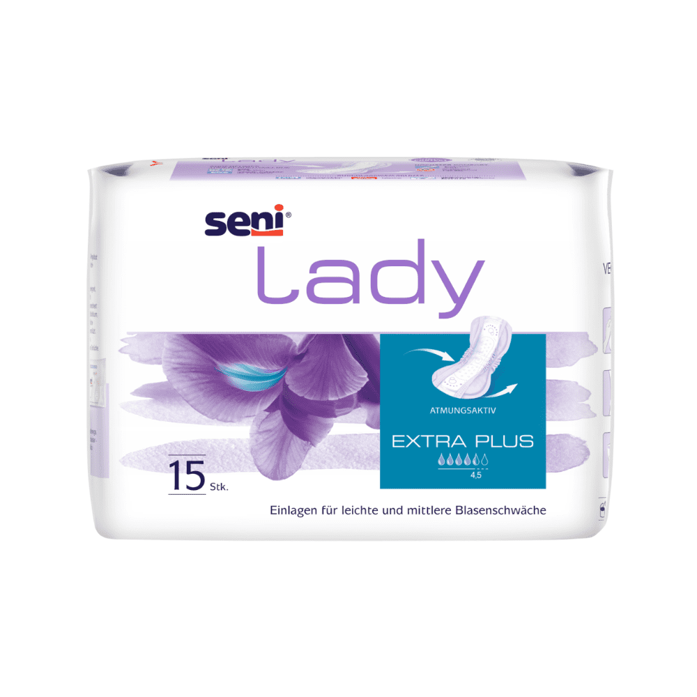 Tagann an t-ionchur Seni Lady Extra Plus ó TZMO Deutschland GmbH i bpacáiste 15, oiriúnach do laige lamhnán éadrom go measartha. Tá an pacáistiú bán-liath le dearadh bláthanna breathable agus deartha do mhná.