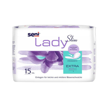 Seni Lady Slim Extra Incontinence Pads by TZMO Deutschland GmbH: Pack of 15, purple floral design, German labeling, enhanced comfort. Ideal for light to moderate urinary incontinence.