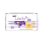A 20-pack of Seni Lady Slim Mini a20 from TZMO Deutschland GmbH with violet iris design and German text offers light protection for bladder weakness with Extra Dry System for breathability and absorbency.