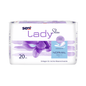 Tugann pacáiste 20-pacáistí de Seni Lady Slim Normal Pads ó TZMO Deutschland GmbH é féin i láthair i bpacáistiú bán-violet le móitíf bláthanna, sonraí táirge Gearmánacha agus stop boladh le haghaidh laige éadrom lamhnán.