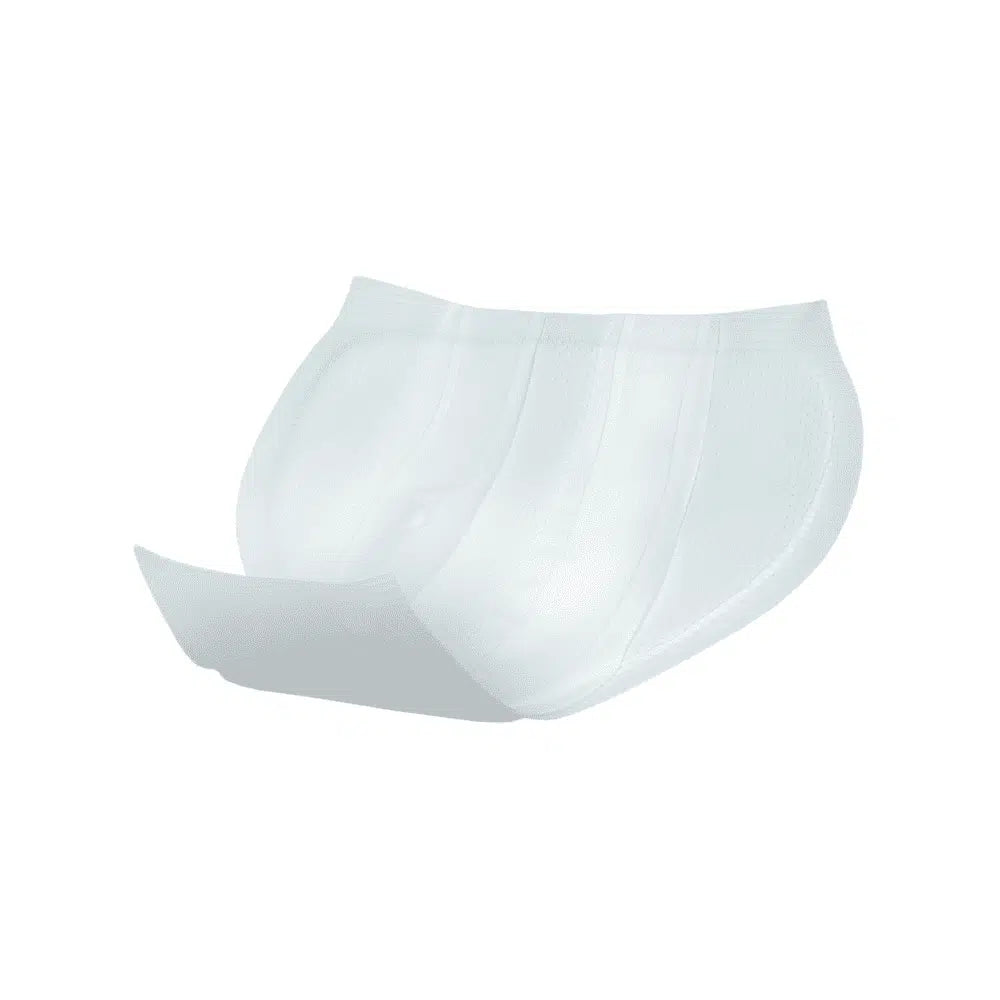 The Seni Man Normal incontinence pad for men (package, 15 pieces) from TZMO Deutschland GmbH offers discretion and safety with contoured sides, white color, and textured surface – presented against a white background.