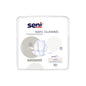 The image shows a pack of San Seni Classic Uni incontinence pads from TZMO Deutschland GmbH. The pack is mainly white with blue and beige accents and contains text with information on absorbency and size. For additional wearing comfort, there are 30 pads included in the pack.