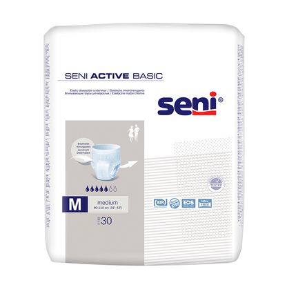 A pack of 30 Seni Active Basic incontinence pants in sizes M-XL from TZMO Deutschland GmbH. The predominantly white package contains blue and gray text, a diaper image, and product information. Suitable for waist sizes of 60-110 cm.