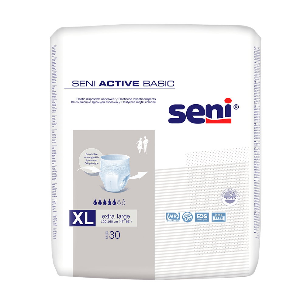 A pack of 30 Seni Active Basic incontinence pants (size XL, 130-150 cm) from TZMO Deutschland GmbH comes in a white package with blue and gray accents and multilingual product details.