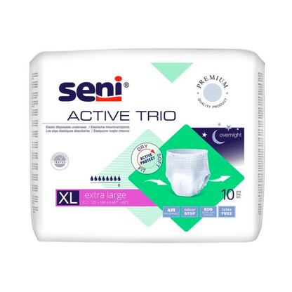 A 10-pack of Seni Active Trio incontinence pants from TZMO Deutschland GmbH for bladder weakness, with odor stop, latex-free material, suitable for night use. Predominantly white packaging with purple and green accents.
