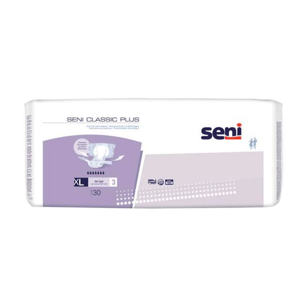 The package of Seni Classic Plus incontinence pants from TZMO Deutschland GmbH for bladder weakness, size XL, white-lavender design, with product logo and icons for features, absorbency level 3, contains 30 pieces.
