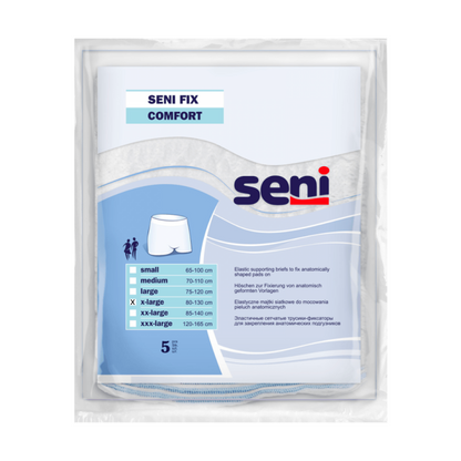 The packaging of the elastic fixing pants Seni Fix Comfort by TZMO Deutschland GmbH shows sizes from Small to XXX-Large with waist measurements in centimeters for more comfort. The packaging contains 5 slips suitable as incontinence products, with multilingual text.
