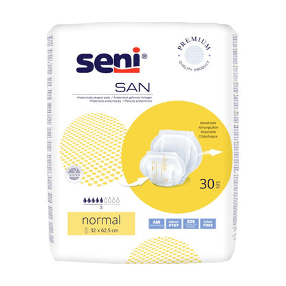 A pack of Seni San Normal incontinence pads size 5 with 30 pieces, labeled with product details such as "breathable", "odor stop", and "latex-free". The TZMO Deutschland GmbH.