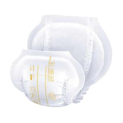 Two overlapping white protective masks with detailed yellow grid markings indicating functional areas related to the Seni San Normal incontinence pad from TZMO Deutschland GmbH, against a clean, white background.