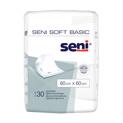 Pacáiste de pads cosanta leapa Seni Soft Basic ón TZMO Deutschland GmbH, le híomhá táirge, ar fáil i méideanna éagsúla (m.sh. 60 x 60 cm), tá 30 pads ann agus tairgeann sé cosaint le faisnéis táirge ilteangach.