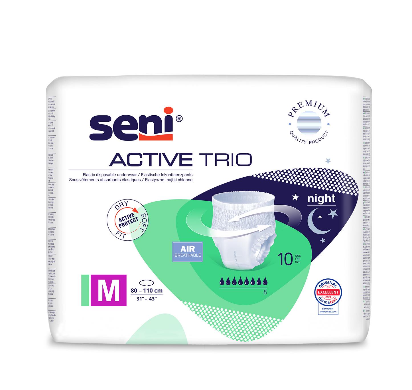 A pack of Seni Active Trio incontinence pants from TZMO Deutschland GmbH, size M (80-110 cm), for severe incontinence with night protection. The packaging shows the product and highlights breathability and dermatological testing.