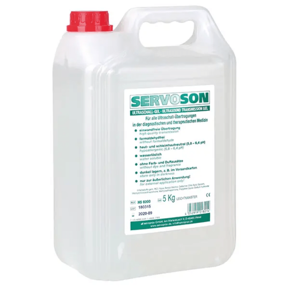 A transparent 5 kg Servoson Cubitainer with a red screw cap and the inscription "Servoson Ultrasound Gel" in green and white lettering highlights the skin-friendly formula and is intended for medical use.