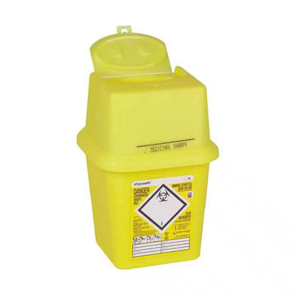 The Sharpsafe disposal container for needles from Servoprax GmbH is available in various sizes and is yellow with a biohazard symbol and safety labels. The partially open lid is specially designed for the safe disposal of needles and other sharp waste.