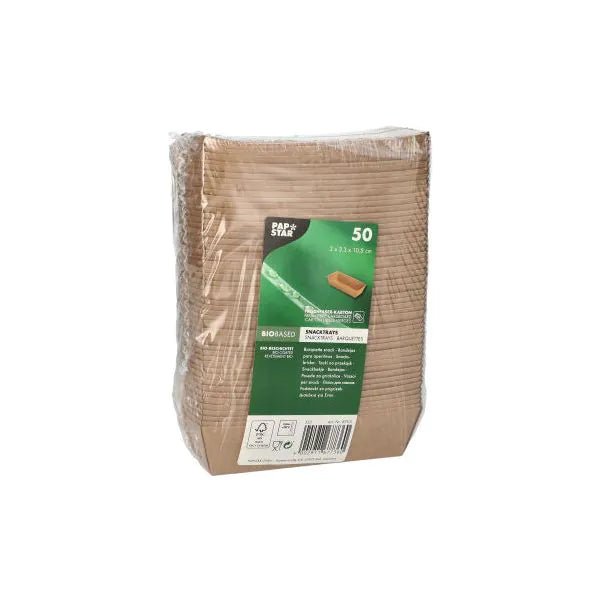 A sealed pack of 50 brown PAPSTAR "pure" snack trays made of cardboard from PAPSTAR GmbH, sustainable disposable tableware with a green front for product info and branding.