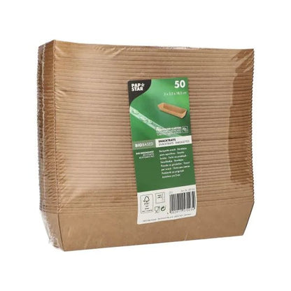 A pack of 50 brown PAPSTAR "pure" snack trays made of cardboard from PAPSTAR GmbH - perfect as an eco-friendly addition to sustainable disposable tableware or biodegradable napkins.