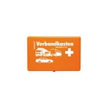The Söhngen car first aid kit Orange with contents from W. Söhngen GmbH is equipped with a white "first aid kit" lettering, a cross symbol, and vehicle symbols on the lid - perfect for first aid according to DIN 13164. Package (1 piece).