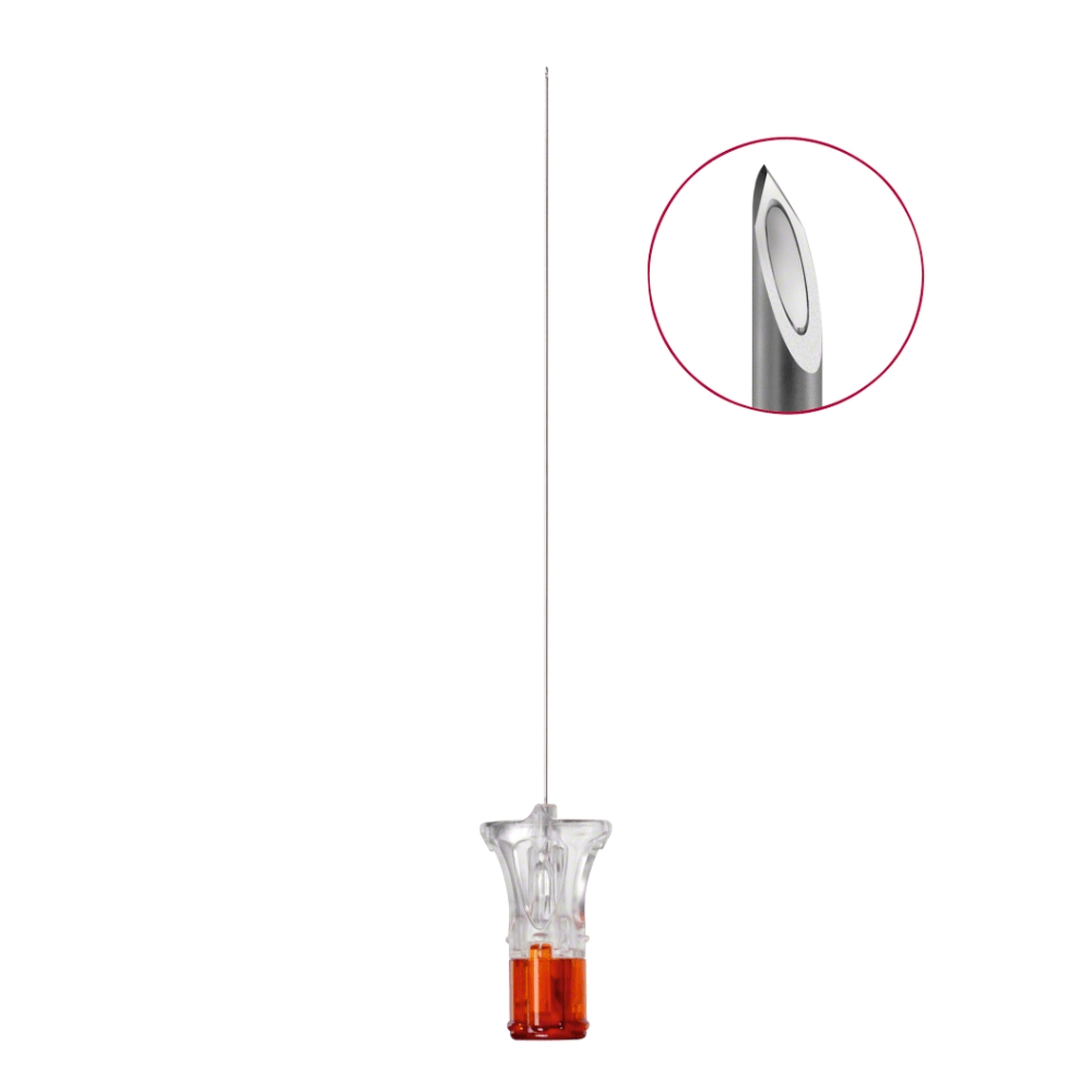 The B. Braun Spinocan® needle (0.33 x 120 mm, G 29, 4 3/4") from B. Braun Deutschland GmbH & Co. KG features a transparent plastic shaft with an orange base, a beveled metal tip for precision, and is ideal for medical procedures.