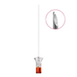 The B. Braun Spinocan® needle (0.33 x 120 mm, G 29, 4 3/4") from B. Braun Deutschland GmbH & Co. KG features a transparent plastic shaft with an orange base, a beveled metal tip for precision, and is ideal for medical procedures.