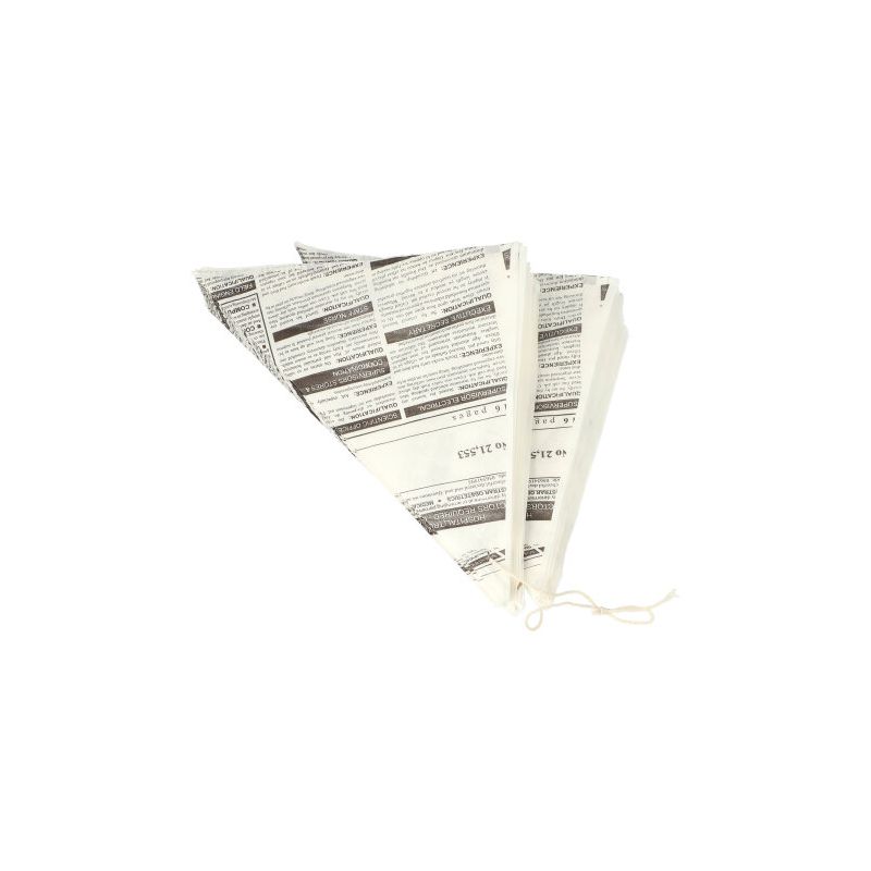 Three PAPSTAR 1000 cone bags, parchment substitute, greaseproof bags from PAPSTAR GmbH with black and white newspaper print are stacked on top of each other, each knotted at the tip - the perfect snack packaging for fries or other treats.