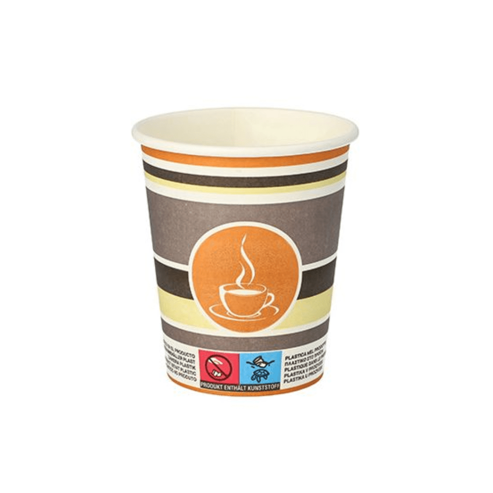 The Starpak paper cup "To Go" 0.2 l Ø 8 cm · 9.2 cm features a brown, yellow, and orange design with a central steam cup symbol and disposal instructions at the bottom. This disposable paper coffee cup is perfect for enjoying your drink on the go.