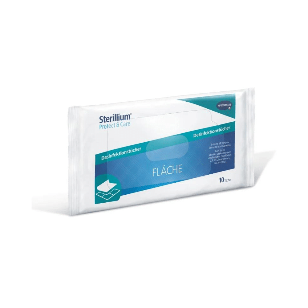 Pacáiste de Hartmann Sterillium® Protect & Care Wipes Díghalraithe d'Áiteanna Softpack, léirithe os comhair cúlra bán. Tá an pacáiste den chuid is mó bán agus gorm, le téacs i nGearmáinis. Tá 10 tuáille ann. Branda: Paul Hartmann AG.