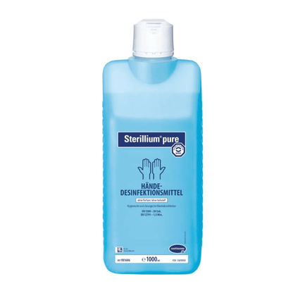 A bottle of Hartmann Sterillium® pure hand disinfectant from Paul Hartmann AG in blue, with product name and details in German, highlighting its antibacterial and antifungal effectiveness.