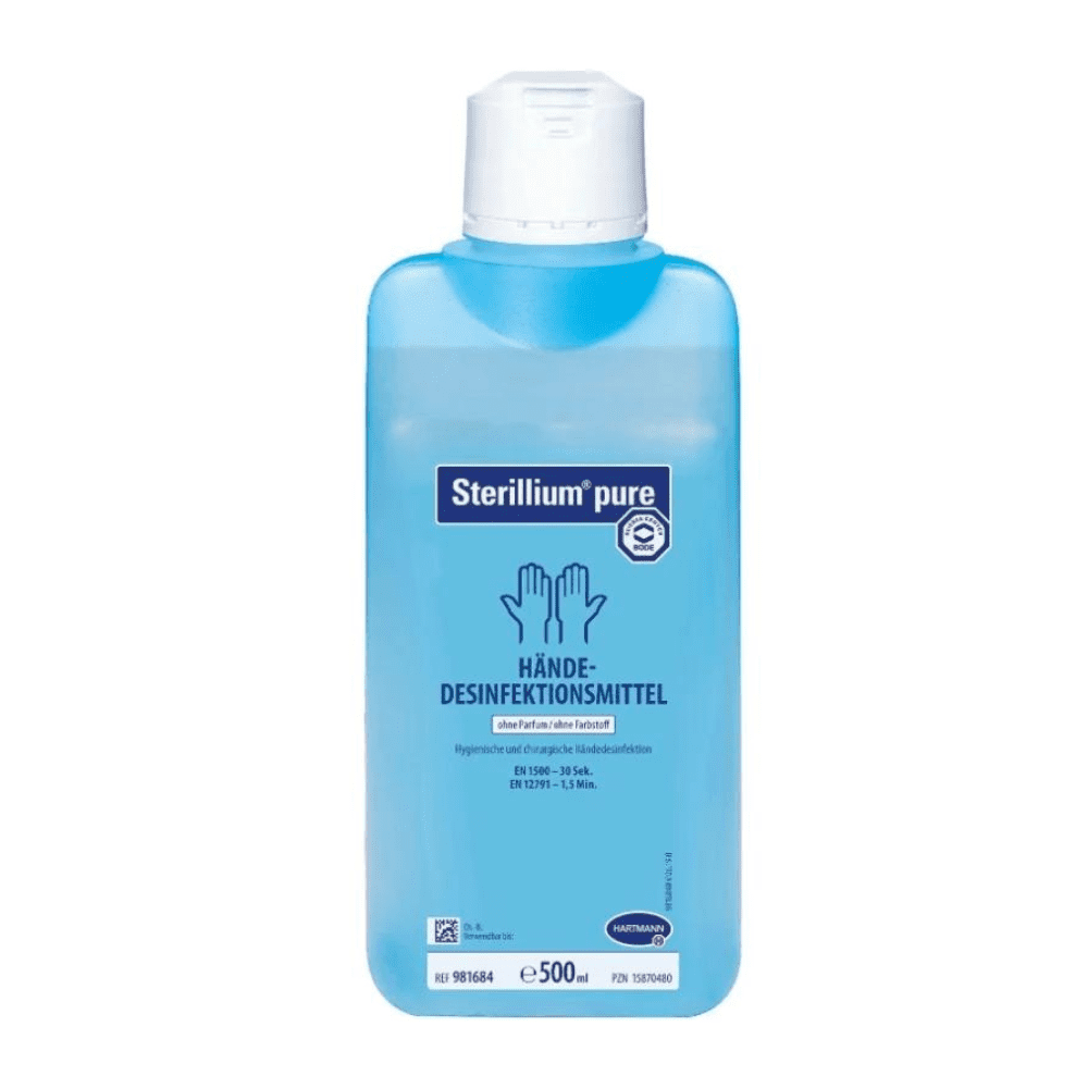 A bottle of Hartmann Sterillium® pure hand disinfectant, 500ml. The bottle is blue and labeled with white-blue lettering, indicating that it is a hygienic hand disinfectant from Paul Hartmann AG.