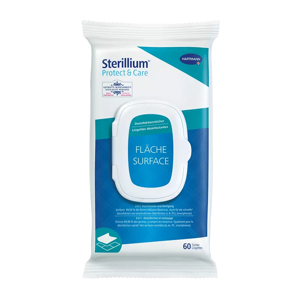 Pacáiste de Hartmann Sterillium® Protect & Care Wipes Díghalraithe d'Áiteanna Softpack. Tá an pacáiste bán-gorm agus tá 60 tuáille ann agus tá lógó Paul Hartmann AG air. Tá an téacs ar an bpacáiste den chuid is mó i nGearmáinis agus deir sé gur díghalrú tapa ar dhromchlaí íogaire é.