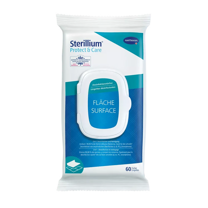 Pacáiste de Hartmann Sterillium® Protect & Care Wipes Díghalraithe d'Áiteanna Softpack. Tá an pacáiste bán-gorm agus tá 60 tuáille ann agus tá lógó Paul Hartmann AG air. Tá an téacs ar an bpacáiste den chuid is mó i nGearmáinis agus deir sé gur díghalrú tapa ar dhromchlaí íogaire é.