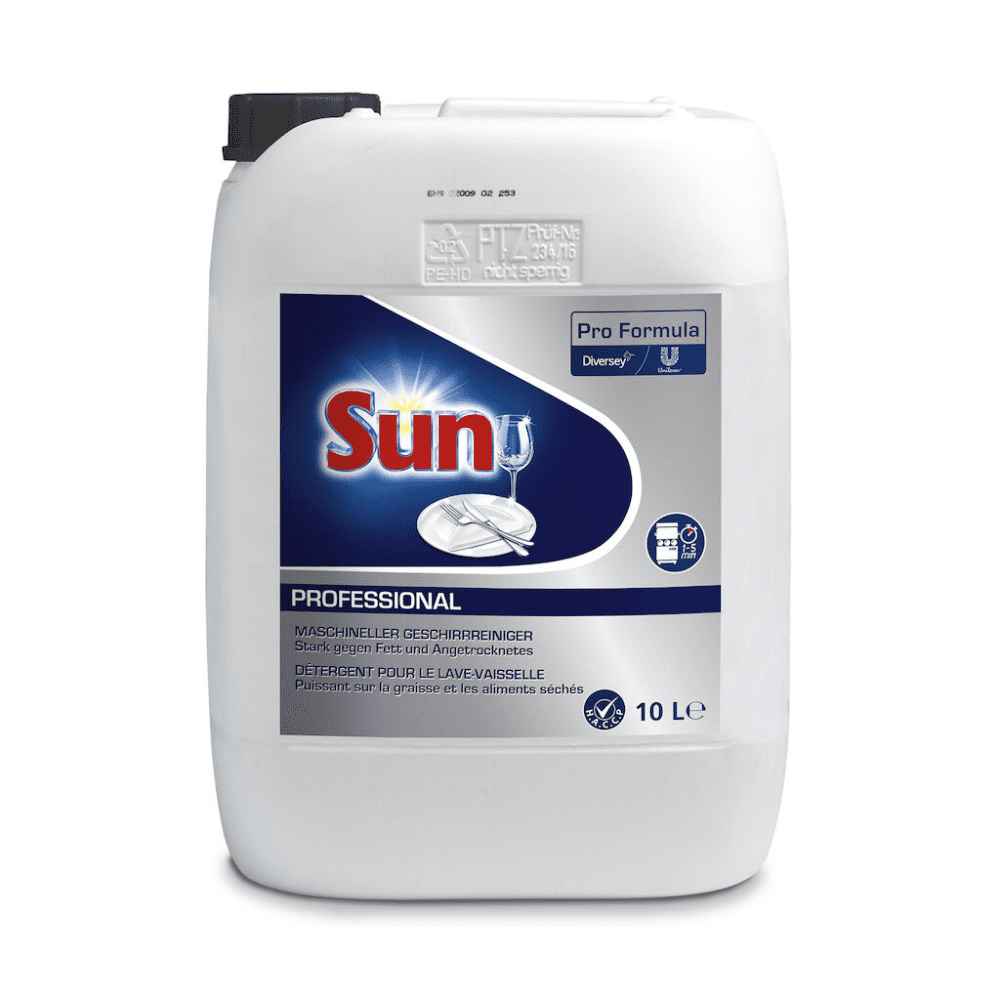 Maisíonn coimeádán mór bán le lipéad gorm an branda "Sun" i litreacha dearga-buí. Tá acmhainn 10 lítear ag an leacht níocháin gréithe "Sun Pro Formula Liquid" de Diversey Deutschland GmbH & Co. OHG agus tá foirmle chumhachtach ann chun saill a bhaint, a ráthaíonn torthaí saor ó stríoca i gcónaí.