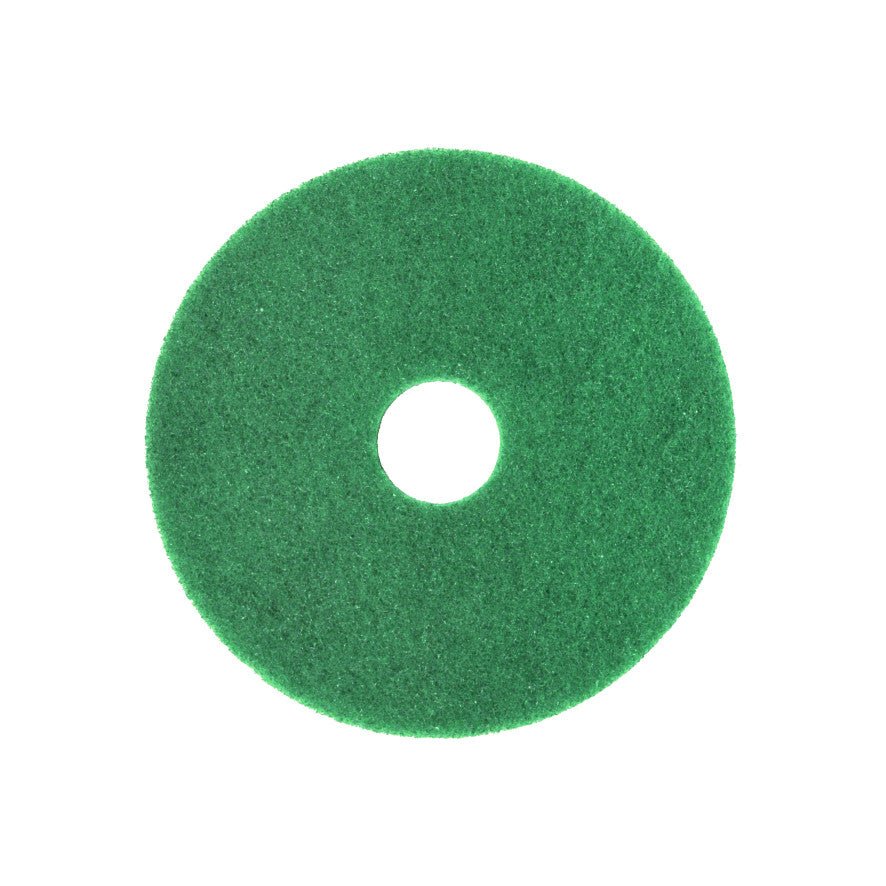 The Arcora Superpad Green from Arcora International GmbH is a green, round pad with a center hole, ideal for deep cleaning on delicate floors or maintenance cleaning on robust surfaces. Pictured on a white background.