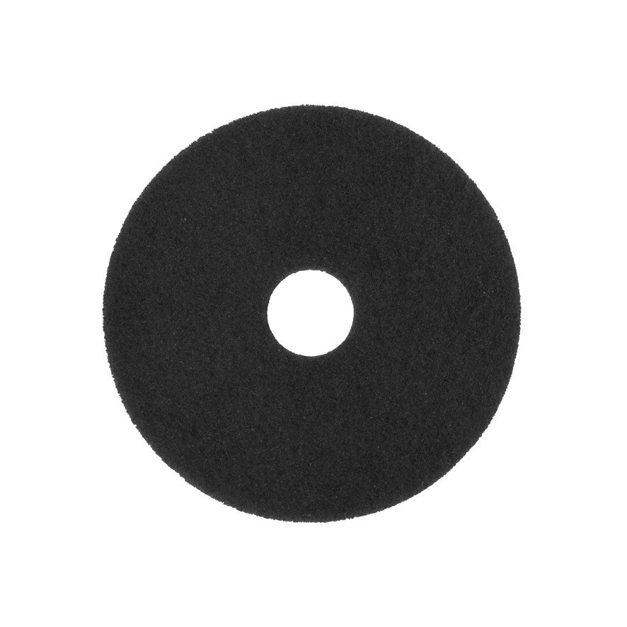 Ein schwarzes, kreisförmiges Arcora Superpad Schwarz Reinigungspad von Arcora International GmbH für die Nassgrundreinigung auf unempfindlichen Belägen, mit einem Mittelloch, abgebildet auf weißem Hintergrund.