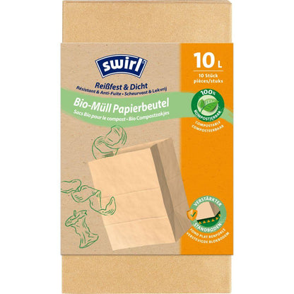 A roll of Swirl organic waste paper bags 10l Tear-resistant & Leak-proof by Melitta Europa GmbH & Co. KG, contains 10 compostable, tear-resistant paper bags with reinforced bottom. The packaging shows a bag with green leaves.