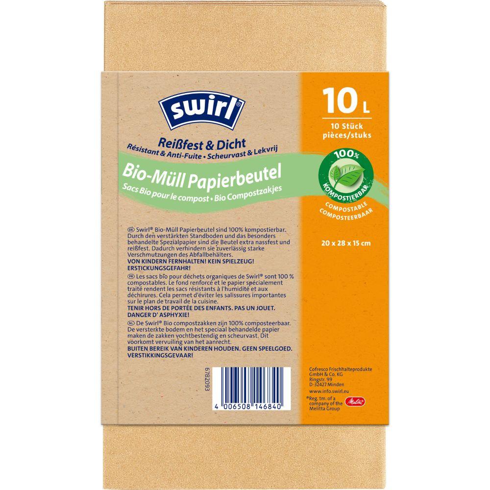 The Swirl organic waste paper bags 10 l Tear-resistant & Leak-proof by Melitta Europa GmbH & Co. KG contain 10 compostable bags on a roll and are delivered in a brown packaging with green and orange accents.