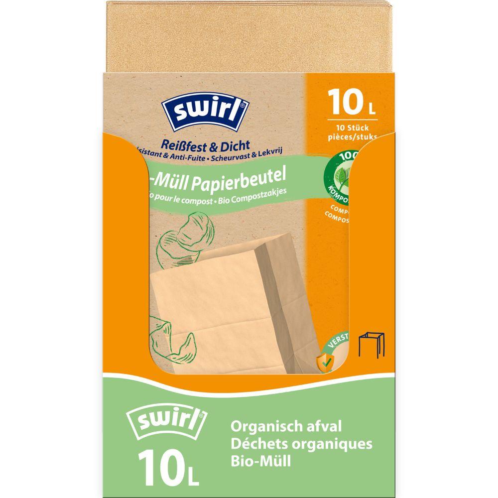 A roll of Swirl organic waste paper bags 10 l Tear-resistant & Leak-proof by Melitta Europa GmbH & Co. KG contains 10 sturdy, compostable paper bags for organic waste, with multilingual text and a cabbage illustration.