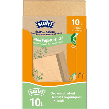 A roll of Swirl organic waste paper bags 10 l Tear-resistant & Leak-proof by Melitta Europa GmbH & Co. KG contains 10 sturdy, compostable paper bags for organic waste, with multilingual text and a cabbage illustration.
