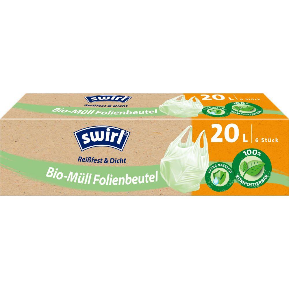 A roll of Swirl organic waste film bags with carrying handle (20L, 6 bags) from Melitta Europa GmbH & Co. KG - tear-resistant, leak-proof, DINplus-certified, compostable. Green bag image on the packaging.