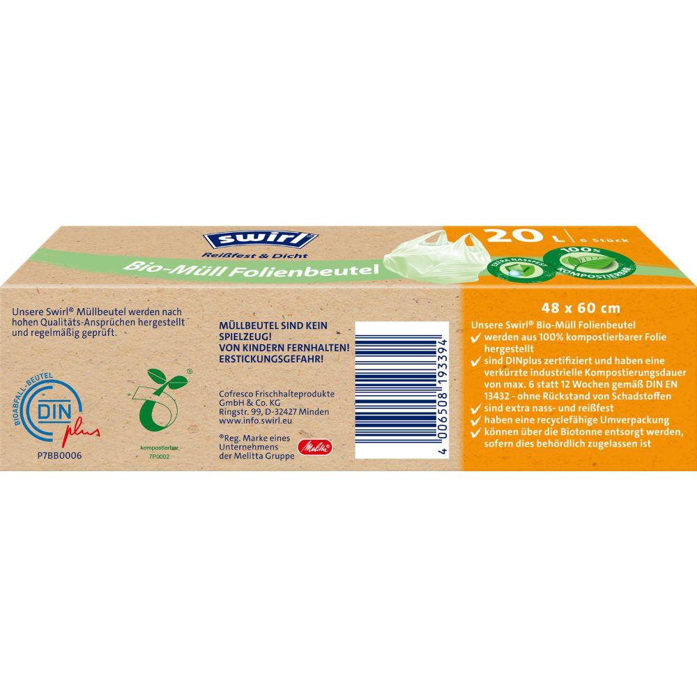 A rectangular box of Swirl organic waste film bags 20L from Melitta Europa GmbH & Co. KG with green, yellow, and blue lettering shows product information, DINplus-certified logo, barcode; contains a roll with 6 tear-resistant bags (48 x 60 cm) with handles.