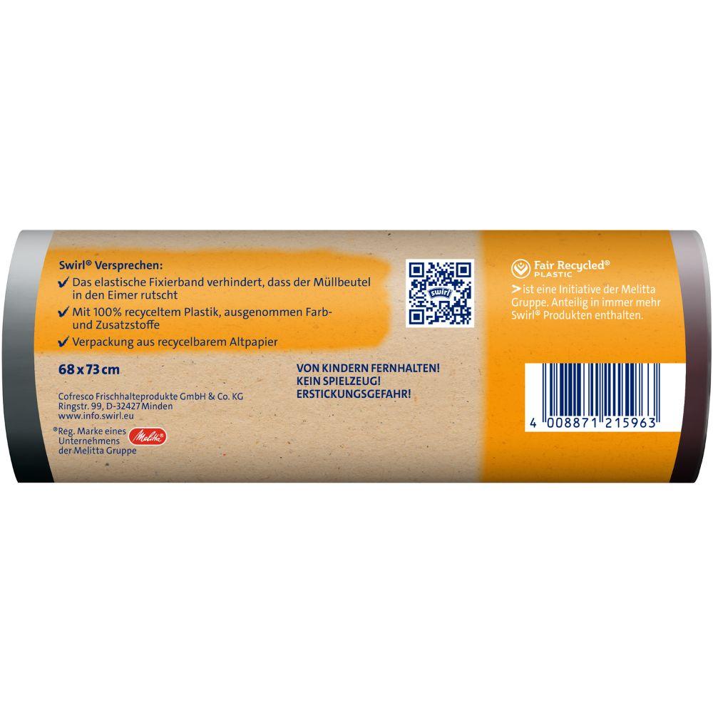 Rolla amháin Swirl málaí bruscair le bandaí ceangail 60 l Neart agus Dúnta (10 mála) ó Melitta Europa GmbH & Co. KG a bhfuil lipéad Gearmánach éadrom, déanta as plaisteach athchúrsáilte 100% agus tá banda ceangail leaisteacha ann le haghaidh dúnadh slán.