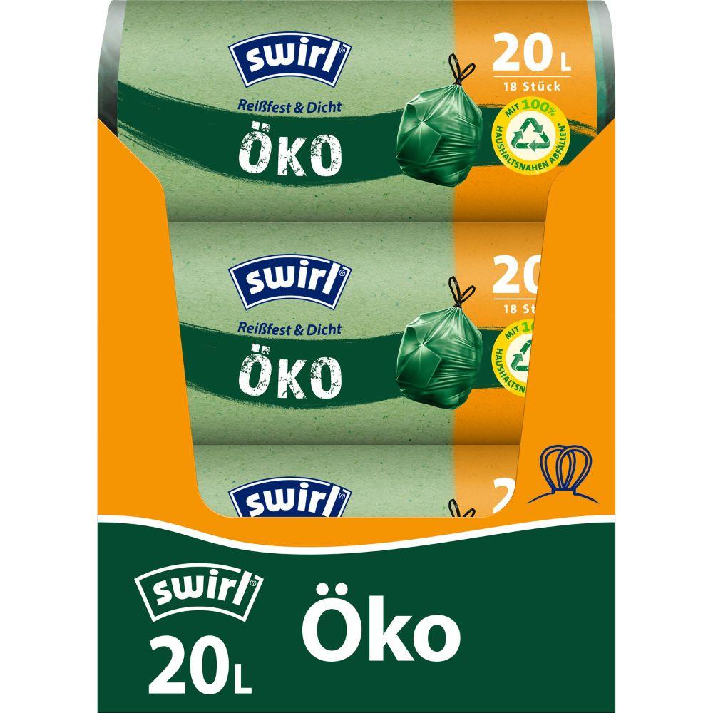 Rolla Swirl málaí bruscair éicea le téad tarraingthe 20 l ó Melitta Europa GmbH & Co. KG ina bhfuil 18 mála frithsheasmhach, séalaithe le dúnadh téad tarraingthe agus airíonna atá neamhdhíobhálach don chomhshaol, déanta as plaisteach athchúrsáilte agus le séala glas.