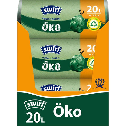 Rolla Swirl málaí bruscair éicea le téad tarraingthe 20 l ó Melitta Europa GmbH & Co. KG ina bhfuil 18 mála frithsheasmhach, séalaithe le dúnadh téad tarraingthe agus airíonna atá neamhdhíobhálach don chomhshaol, déanta as plaisteach athchúrsáilte agus le séala glas.