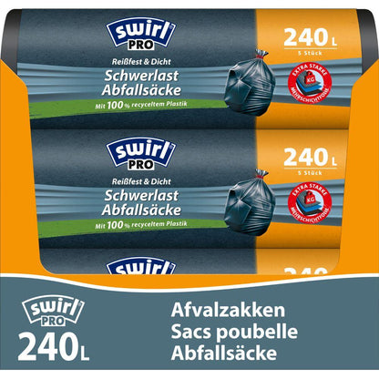 Dhá rolla Swirl málaí tromshaothair Gairmiúla le corda tarraingt 240 l (5 málaí, láidir & dlúth) ó Melitta Europa GmbH & Co. KG, i bpacáistiú oráiste agus gorm le lipéid ilteangacha agus plaisteach athchúrsáilte.