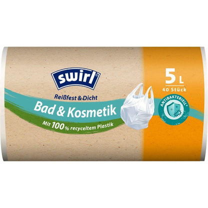 A roll of Swirl handle-tie garbage bags Bath & Cosmetics 5L (40 bags) from Melitta Europa GmbH & Co. KG, made from 100% recycled plastic with antibacterial protection, is labeled as tear-resistant and leak-proof.