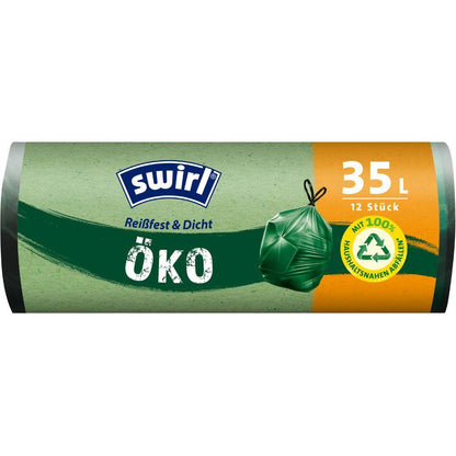 A roll of Swirl eco garbage bags with drawstring 35 l Tear-resistant & leak-proof by Melitta Europa GmbH & Co. KG contains 12 bags in predominantly green packaging, with tied bag image and environmentally friendly labels such as "recycled plastic".