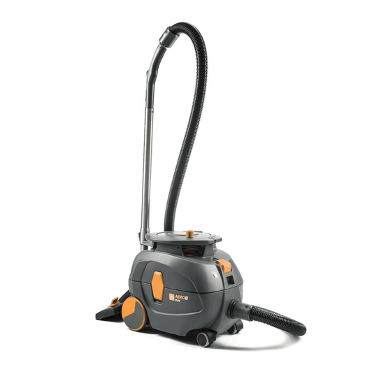 A TASKI AERO 8 PLUS vacuum cleaner, provided by Diversey Deutschland GmbH & Co. OHG, in gray and orange, is standing upright. This compact and powerful canister vacuum features a long, flexible hose and has a cylindrical body with large rear wheels and smaller front wheels for excellent maneuverability and efficient cleaning. Its performance is enhanced by whisper technology for quiet operation.