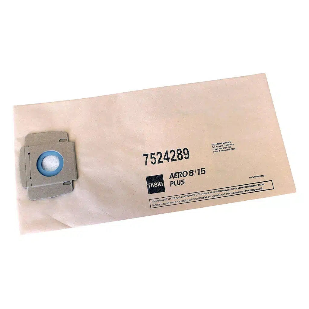 The TASKI AERO 8/15 fleece dust bag from Diversey Deutschland GmbH & Co. OHG is a vacuum cleaner bag with a blue, round fastening ring and the print "7524289", suitable for all Taski Aero models, including the AERO 8/15 PLUS. Each box contains 10 packages with detailed product information.