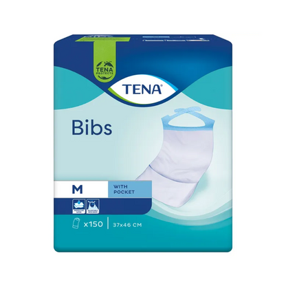 The TENA Bibs disposable protective napkins, clothing protection, manufactured by Essity Germany GmbH, are delivered in a blue-green package featuring the image of a single bib. This size M package contains 150 disposable protective napkins with a pocket, each measuring 37x46 cm.