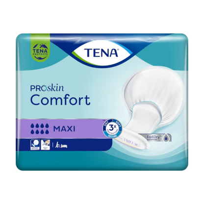 Pacáistiú do TENA Comfort Maxi ceapáin incontinence, 34 píosa san áireamh. Cuimsíonn an dearadh scéim dathanna gorm-vioiléad le híomhá den cheapa incontinence ar an taobh deas chomh maith le siombailí a léiríonn ionsú agus buntáistí an táirge.