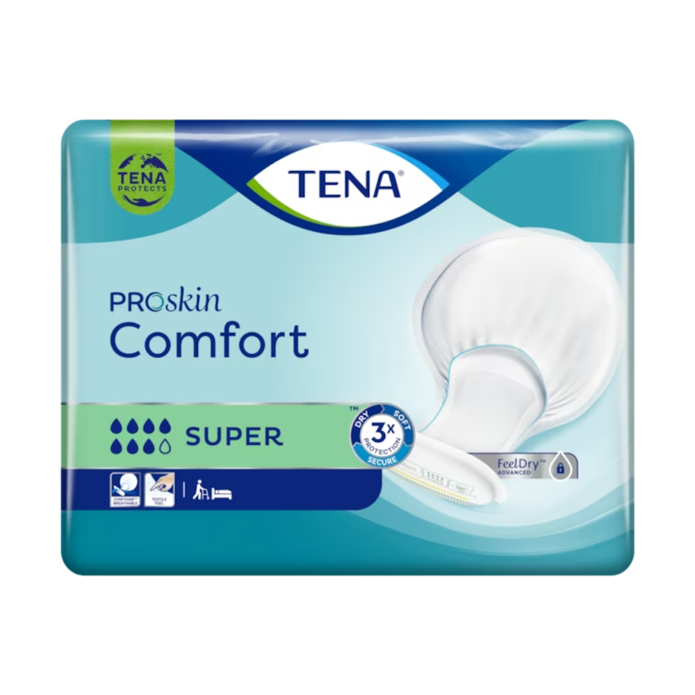 The packaging of the TENA Comfort Super incontinence pad, with its clear product presentation, emphasizes the dermatologically tested and dryness protection properties through clear icons. The predominantly blue and green design facilitates identification.